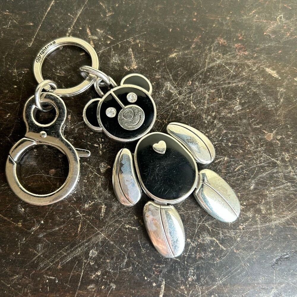 Brighton Articulated Teddy Bear Handbag Fob Keychain Rhinestones Black and Silve